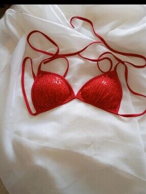 NWT VEGAS-STYLE! SEXY RED SEQUIN BIKINI TOP W/REMOVABLE PADDED CUPS SIZE SMALL